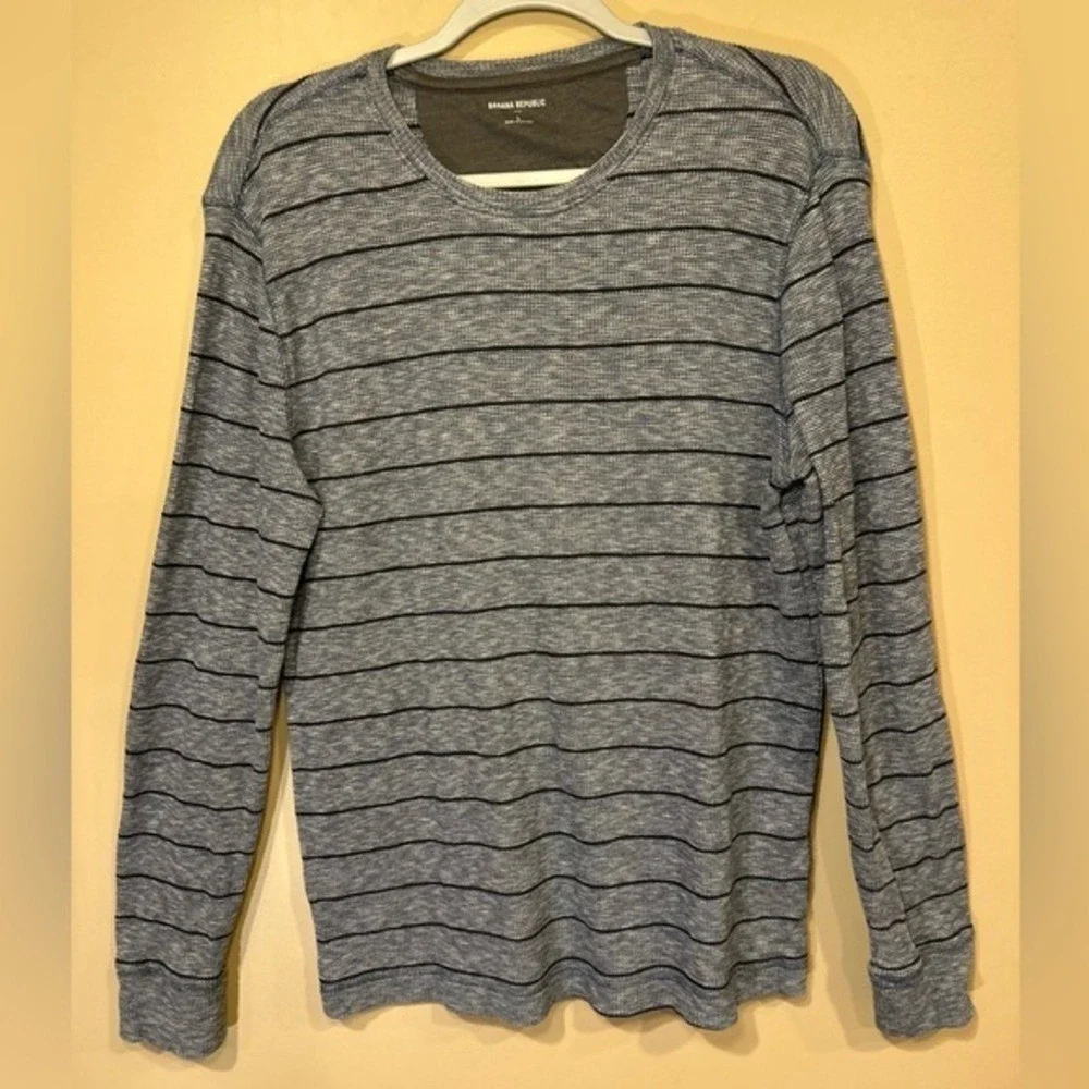Banana Republic Mens Thermal Shirt Blue Large Striped Waffle Knit‎ Long Sleeve
